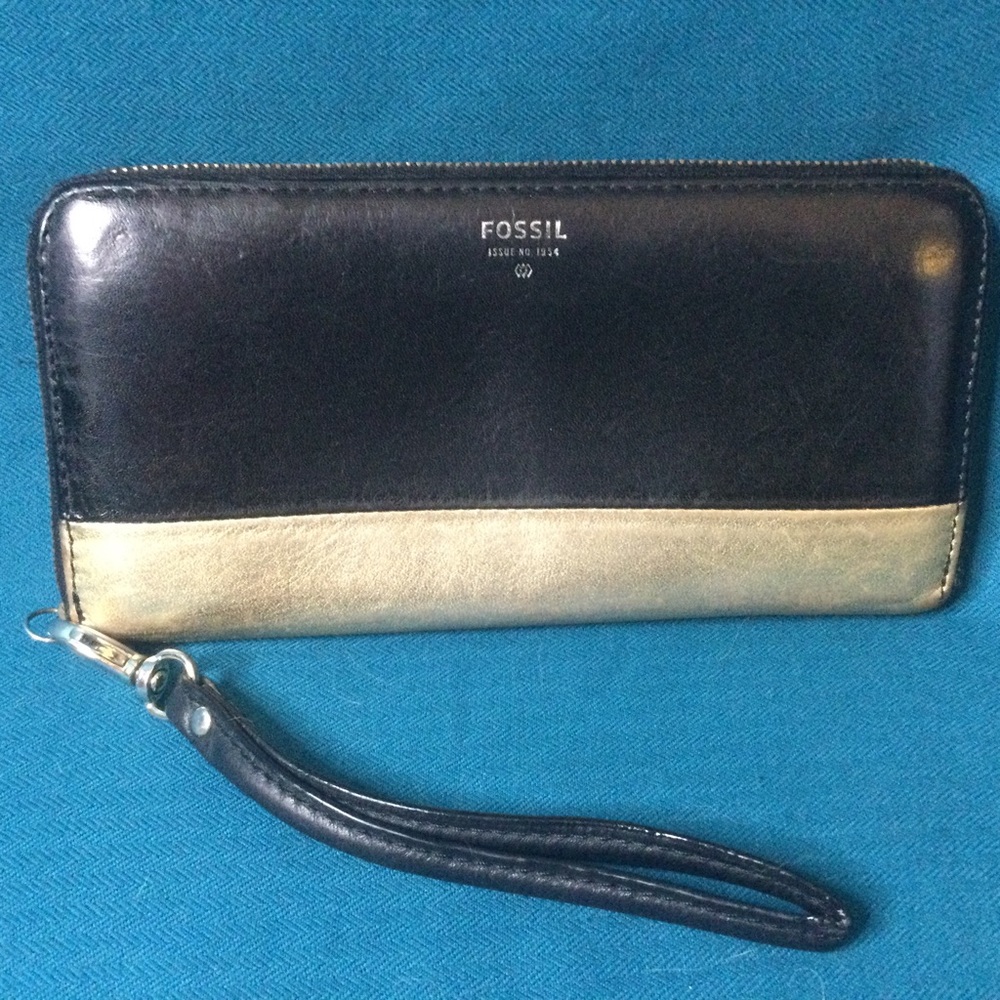 Fossil Leather Wallet Sydney Zip Around Black Gold Cards